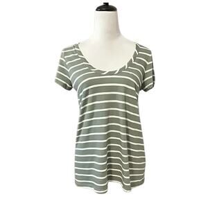 Caslon T-Shirt Low Cut Crew Neck Striped Relaxed Fit Green White Women's S NWT